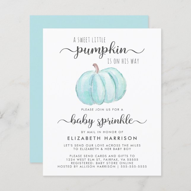 Baby Boy Sprinkle Por Mail Blue Pumpkin (Frente/Verso)