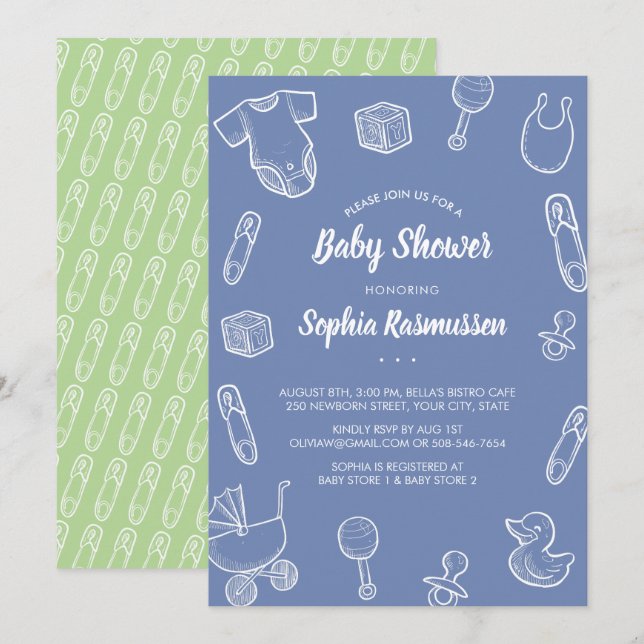 Baby Boy Toys Clothes Blue Chá de fraldas Convite (Frente/Verso)