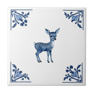 Baby Deer Fawn Delft Blue e White Corners