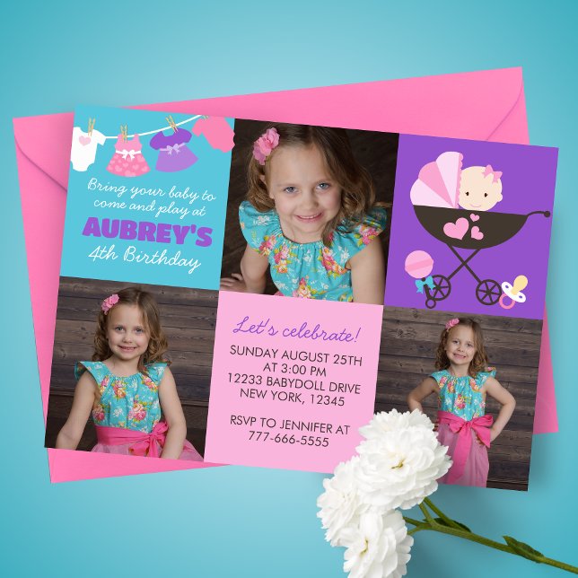 Baby Doll 3 Foto Convite de Aniversário (Baby Doll Birthday 3 Picture Party Invitations. Available printed or digital download )