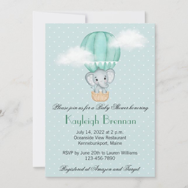 Baby Elephant Pale Green Hot Air Balloon Convite (Frente)