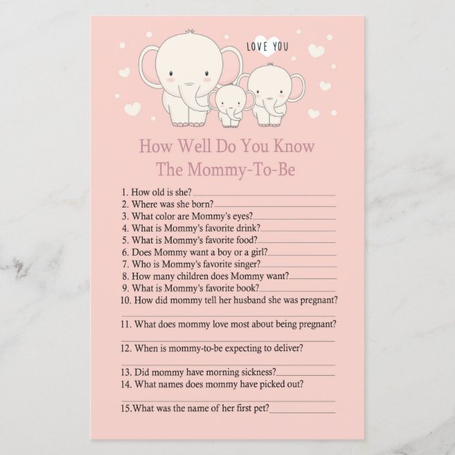 Baby Elephant Quão bem você conhece o chá de bebê (Frente)