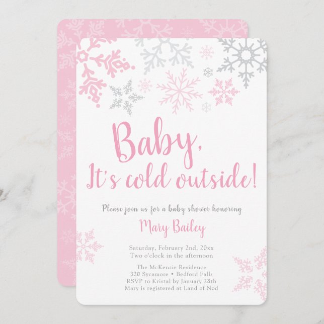 Baby está frio fora do Chá de fraldas rosa convite (Frente/Verso)