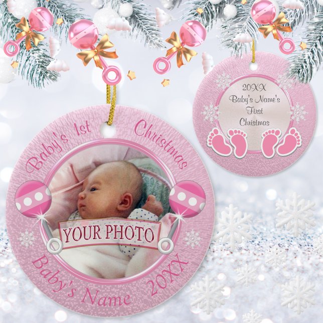 Baby Girl 1rua Enfeites de natal SUA FOTO 2 TEXTO (Baby's First Christmas Ornament. Baby's First Christmas. Pink ornament for baby girl. )