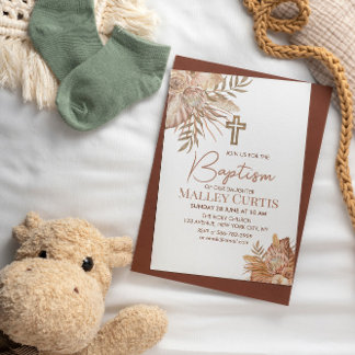 Baby Girl Boho Floral Brown Baptism Convite