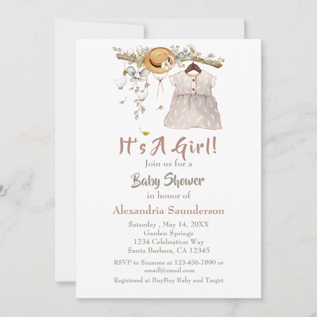 Baby Girl Boho Greenery Convite Russo (Frente)