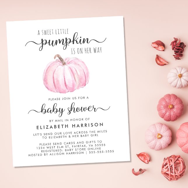 Baby Girl Chá Por Mail Pink Pumpkin Convite (Celebrate the upcoming arrival of your little autumn baby with a pumpkin-themed baby shower by mail)