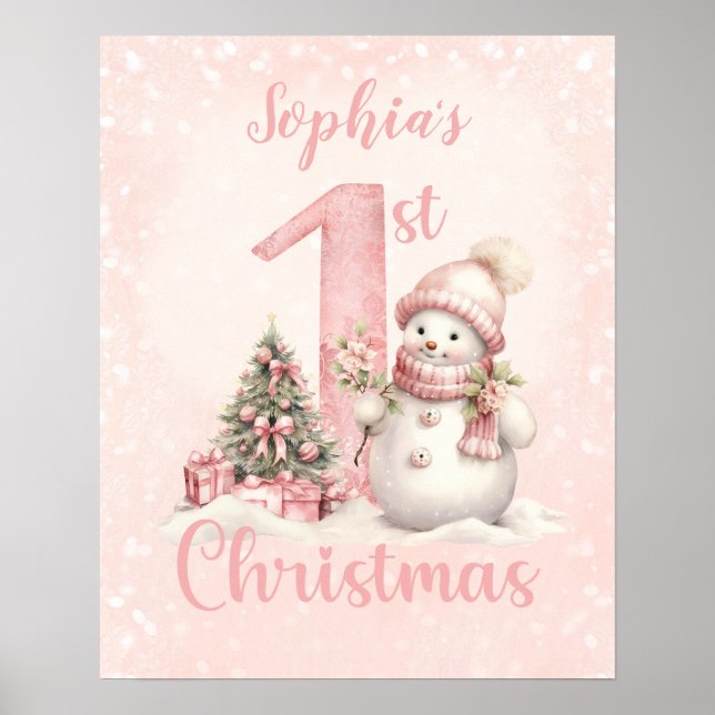 Baby Girl Name First Christmas Pink Nursery Poster (Frente)