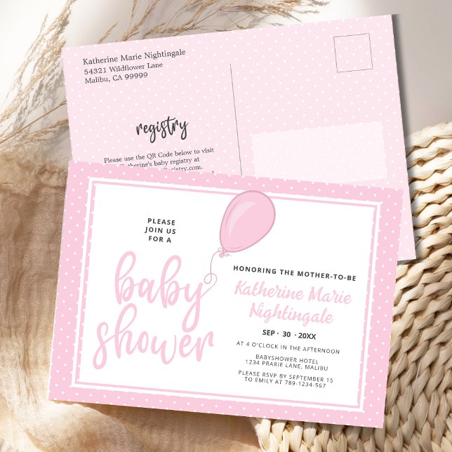 Baby Girl Pastel Pink Chá de fraldas Convite (Pastel Pink Polka Dots Baby Shower Postcard Invitation with balloon, registry.)