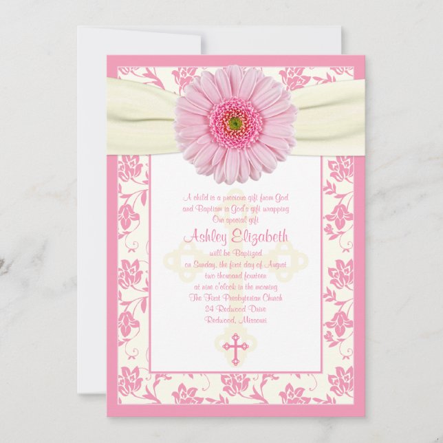 Baby Pink Gerbera Ivory Baptism Convite (Frente)
