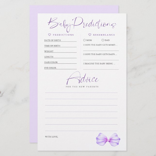 Baby Predictions Advice Purple Chá de fraldas Game (Frente/Verso)