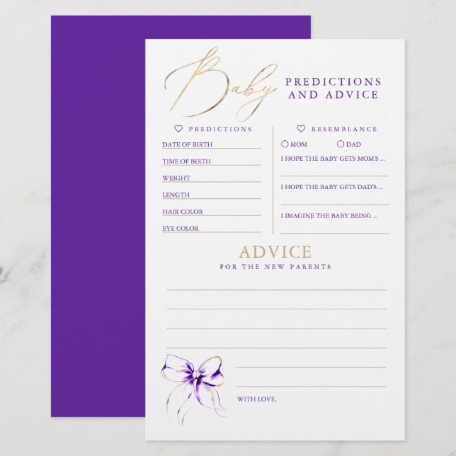 Baby Predictions and Advice Baby Shower Game (Frente/Verso)