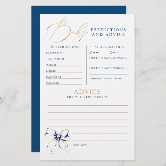 Baby Predictions and Advice Baby Shower Game (Frente/Verso)