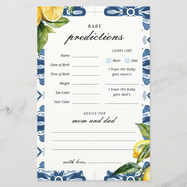 Baby Predictions Lemon Positano Jogo do Chá de fra (Frente)