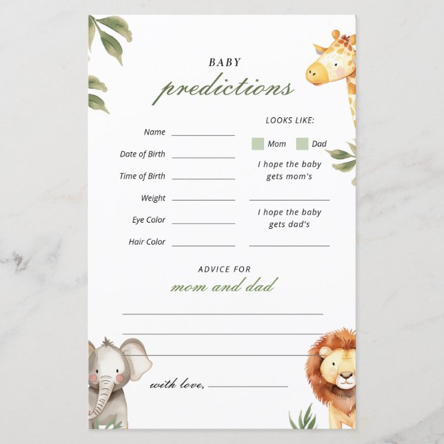 Baby Predictions Safari Animals Baby Shower Game (Frente)