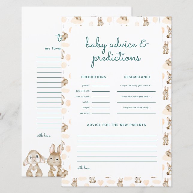 Baby Rabbit Baby Shower Predictions & Advice Card (Frente/Verso)
