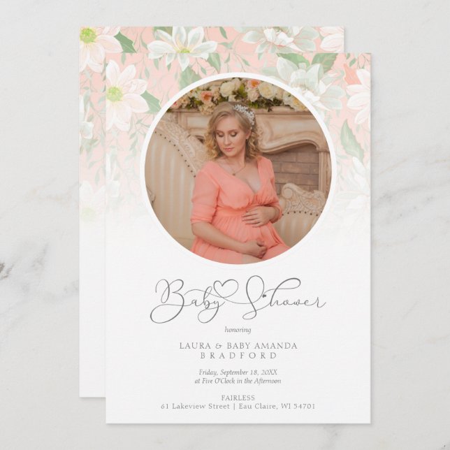 Baby Shower Peach Floral Botanical Photo (Frente/Verso)