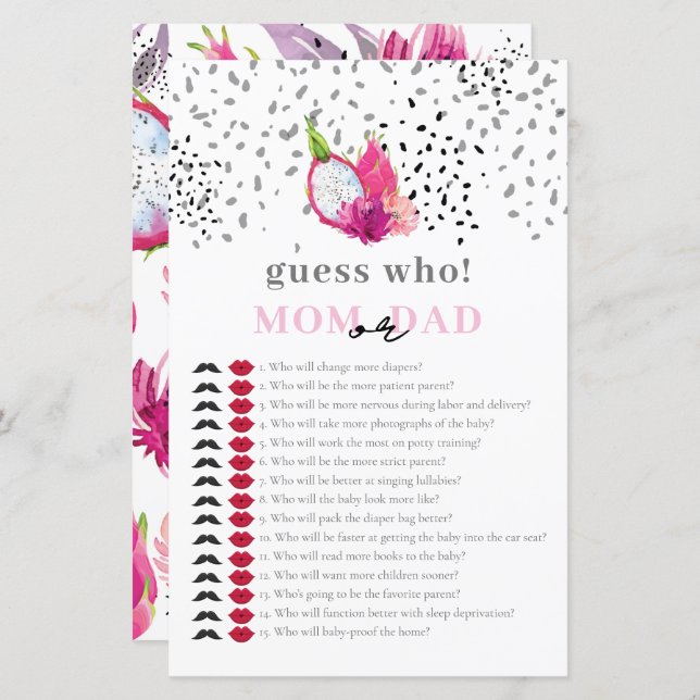 Baby Sprinkle Pitaya Dragon Fruta Adivinha quem Jo (Frente/Verso)