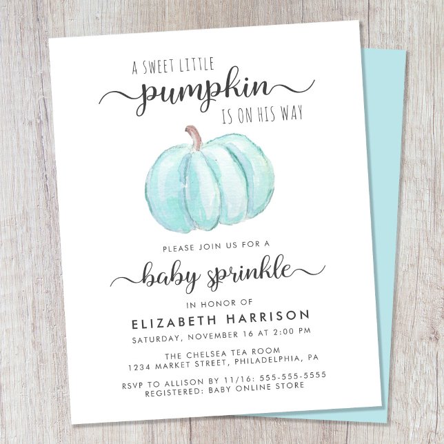 Baby Sprinkle Pumpkin Blue Watercolor Convite (Celebrate the upcoming arrival of your little autumn baby boy with a pumpkin-themed baby sprinkle)