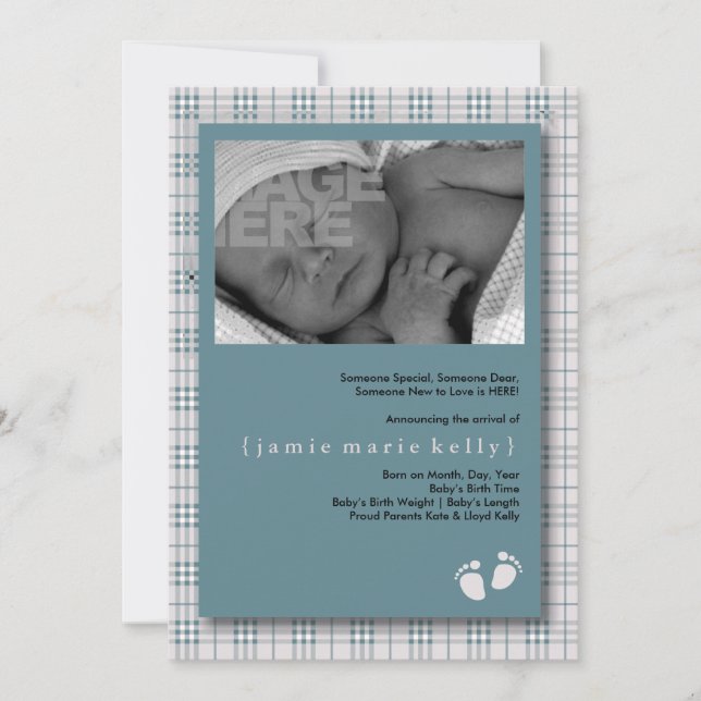 Baby Steps Birth Anúncio - Xadrez Azul Bebê (Frente)