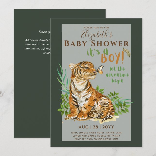 Baby Tiger Gender Revelar Convites Ao Chá (Frente/Verso)