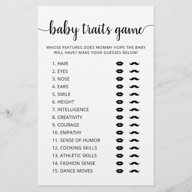 Baby traits game Baby Shower party Game card (Frente)