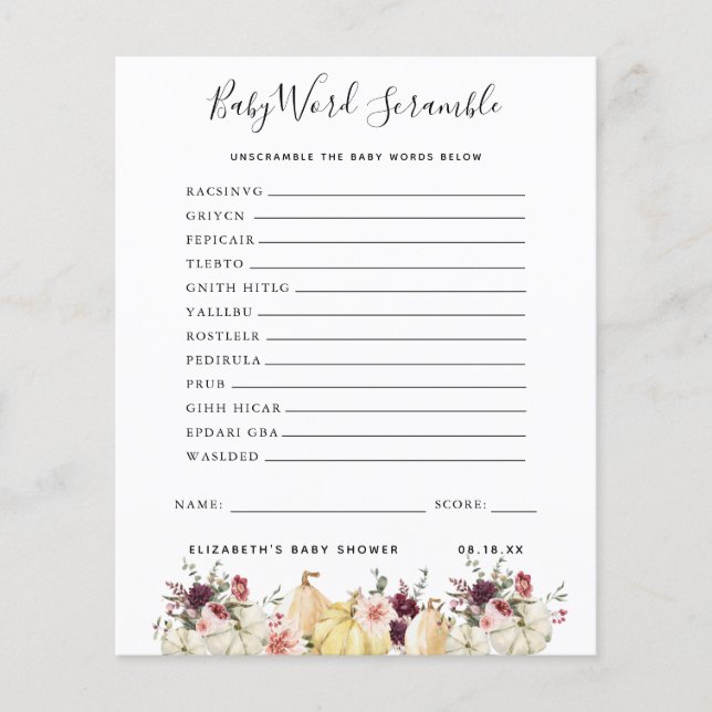 Baby Word Scramble | Jogo Chá de fraldas (Frente)