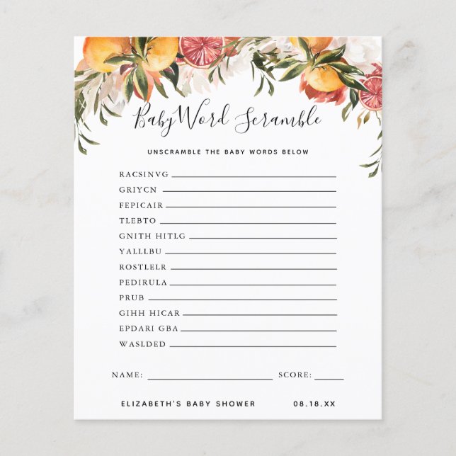 Baby Word Scramble | Jogo Chá de fraldas (Frente)