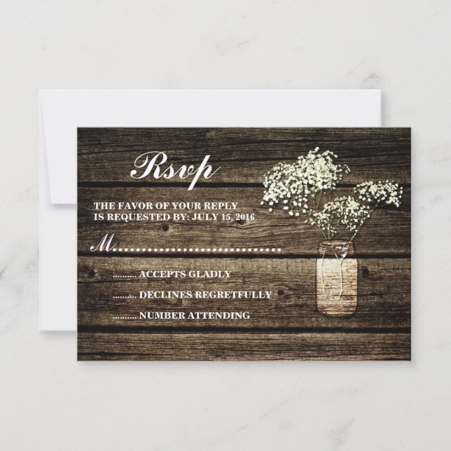 Baby's Breath Mason Jar | Barn Wood Wedding RSVP (Frente)