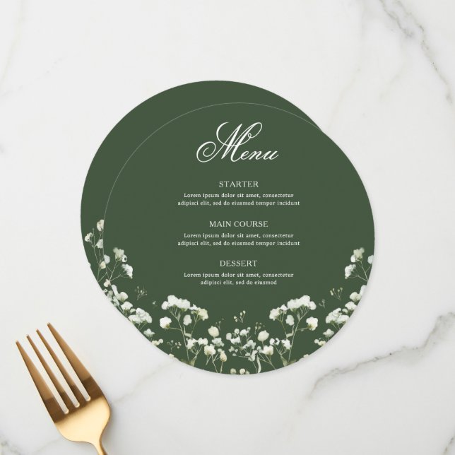 Baby's Breath  on Sage Green Round Menu (Frente/Verso In Situ)