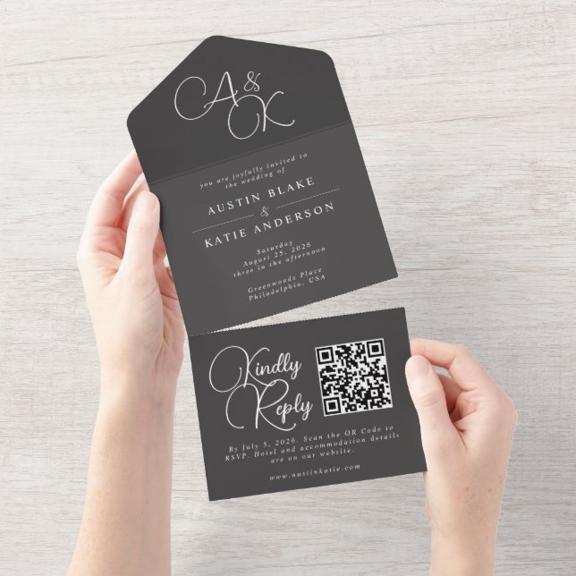 Bacalhau Mínimo de QR com Script Monograma Branco  (Aba destacável)