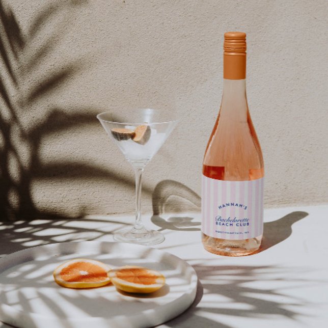 Bachelorette de faixas Marinho e rosa (Retro Navy & Pink Stripes Bachelorette Sparkling Wine Label)