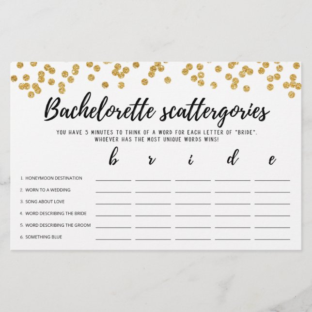 Bachelorette Scattergories editável Jogo noivo (Frente)