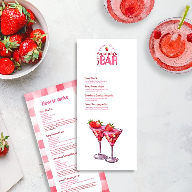 Bachelorette Strawberry Bar Cocktail (Pink red Strawberry Cocktail Drinks Menu for Bachelorette Hen party fruit retro Bride-to-be events )
