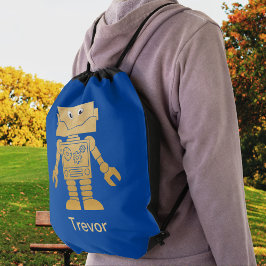 Backpacks Robô Dourado divertido na bolsa real de corda azul