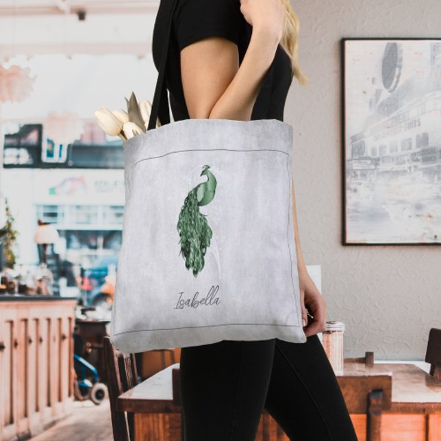Bag de Tote Personalizada Pavão Verde Elegante (Green Elegant Peacock Personalized Tote Bag)