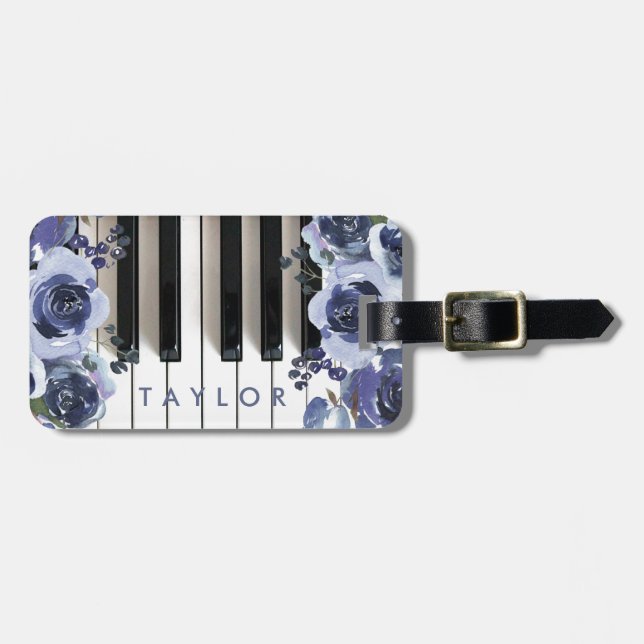 Bagagem etiqueta de design de piano de flores azuis (Frente Horizontal)