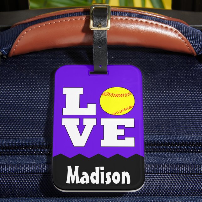 Bagagem Nome personalizado do Sofball LOVE e etiqueta de c (Frente Insitu 2)