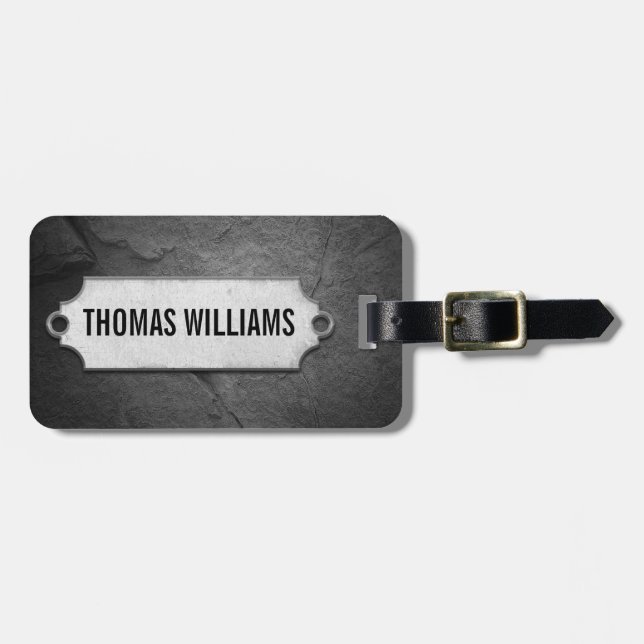 Bagagem textura de pedra preta rachada com etiqueta metáli (Frente Horizontal)