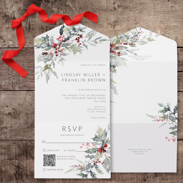 Bagas de Azevinho Rústico de Inverno e Neve Código (Rustic Winter Holly Berries & Snow All In One Wedding Invitation with QR Code)