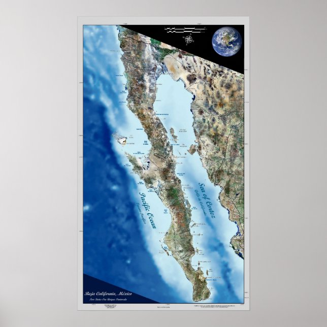 Baja California, poster de satélite do México (Frente)