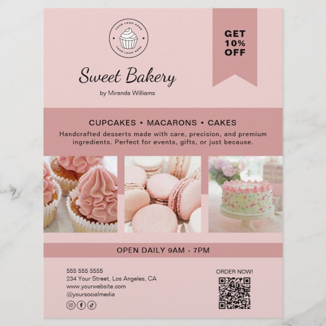 Bakery Custom Logo Photo QR Code Pink Flyer (Frente)