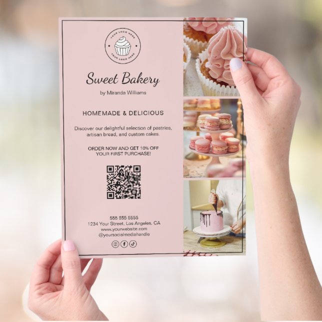 Bakery Custom Logo Photo QR Code Pink Flyer (Bakery Custom Logo Photo QR Code Pink Flyer)