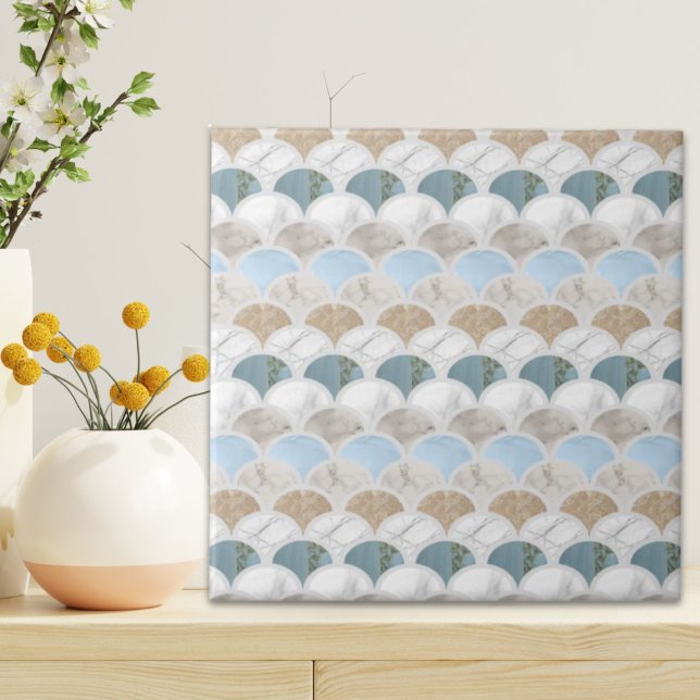 balanças de sereia pastel branco azul-aqua da prai (beach aqua blue white marble pastel mermaid scales ceramic tile)