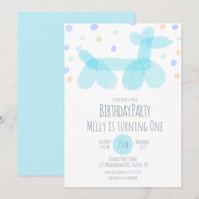 Balão de Aniversário Animais Azuis Pastel Convite (Frente/Verso)