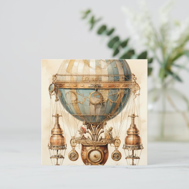 Balão de Ar Quente Azul Vintage Steampunk (3) (Em pé/Frente)