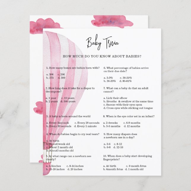 Balão de ar quente Baby Trivia | Jogo Chá de frald (Frente/Verso)