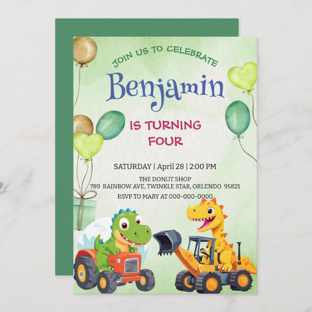 Balão de caminhões de construção de dinossauro bon (Frente/Verso)