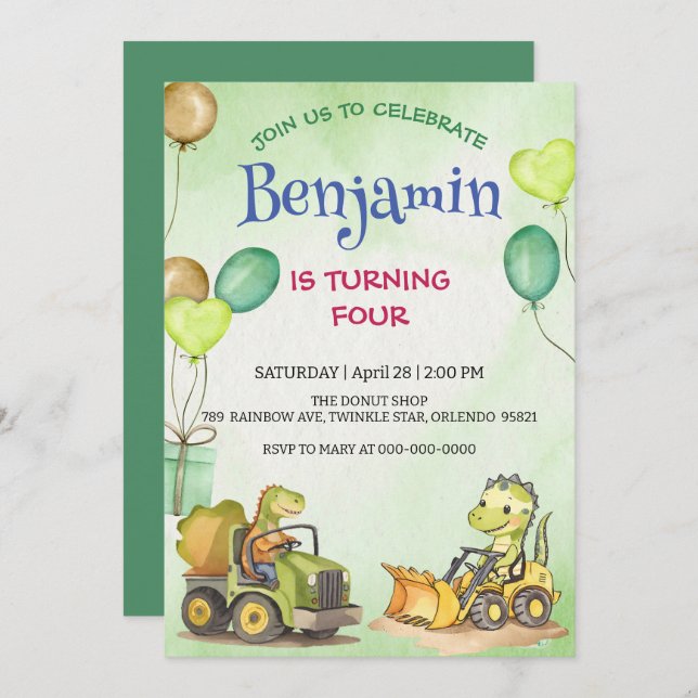 Balão de caminhões de construção de dinossauro bon (Frente/Verso)