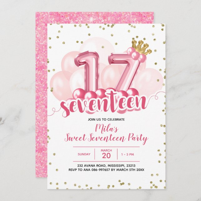 Balão de Coroa Rosa 17 Convite de Aniversário (Frente/Verso)